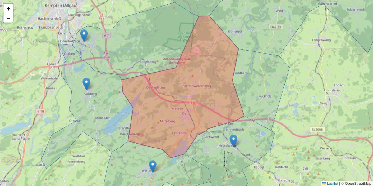 Karte des Postleitzahlen Bereichs  und der umliegenden Postleitzahlen in Deutschland