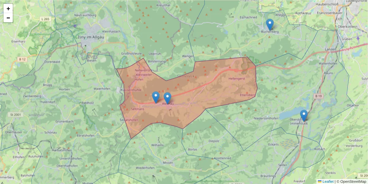 Karte des Postleitzahlen Bereichs  und der umliegenden Postleitzahlen in Deutschland