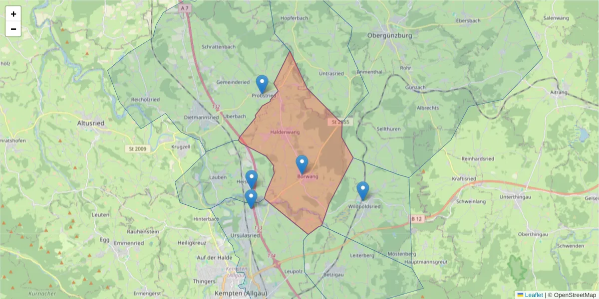 Karte des Postleitzahlen Bereichs  und der umliegenden Postleitzahlen in Deutschland