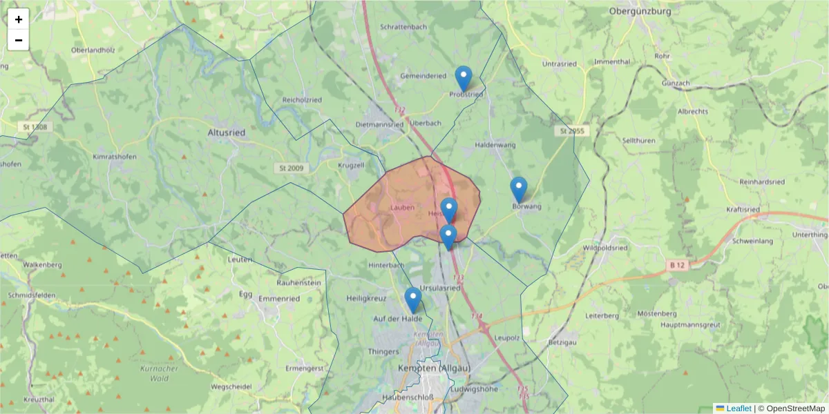 Karte des Postleitzahlen Bereichs  und der umliegenden Postleitzahlen in Deutschland