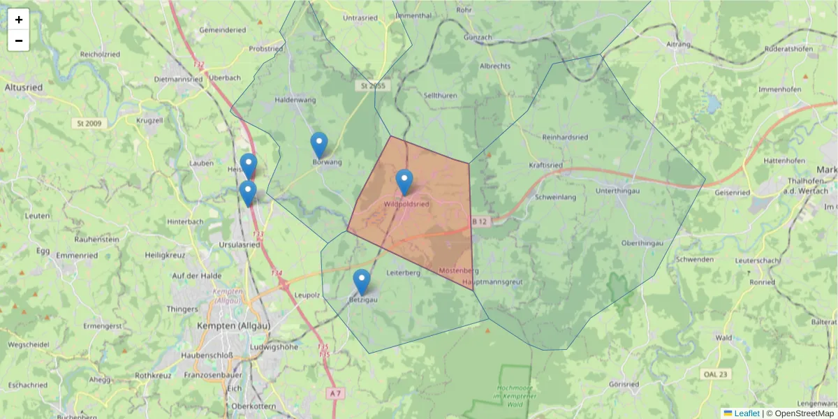 Karte des Postleitzahlen Bereichs  und der umliegenden Postleitzahlen in Deutschland