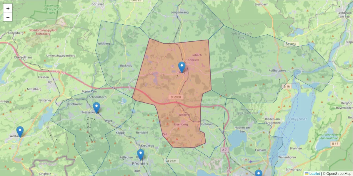 Karte des Postleitzahlen Bereichs  und der umliegenden Postleitzahlen in Deutschland