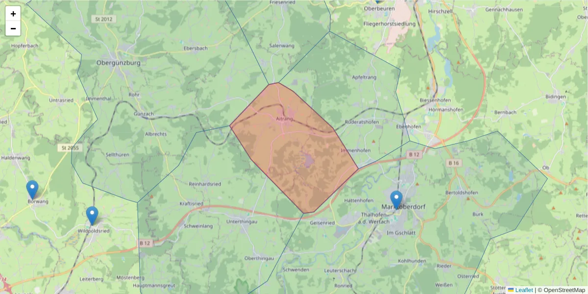 Karte des Postleitzahlen Bereichs  und der umliegenden Postleitzahlen in Deutschland