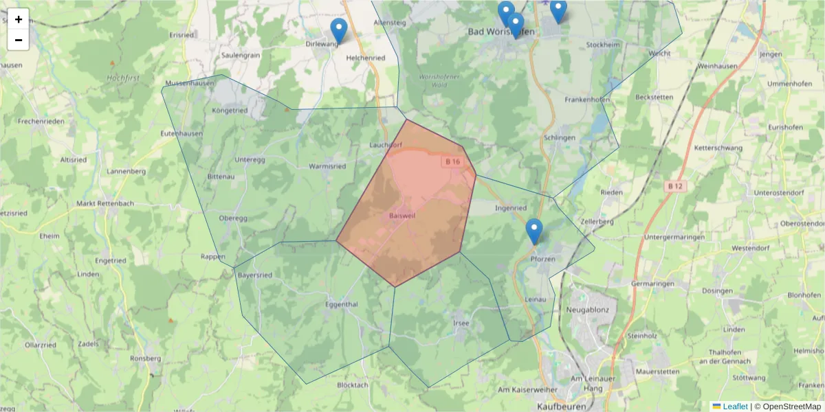 Karte des Postleitzahlen Bereichs  und der umliegenden Postleitzahlen in Deutschland