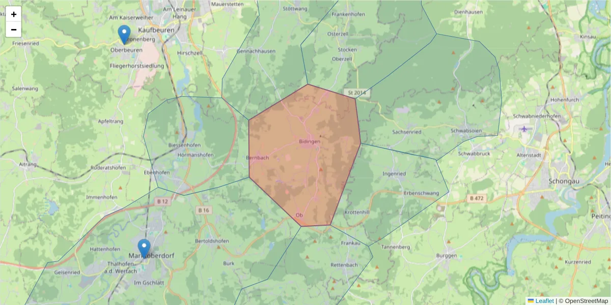 Karte des Postleitzahlen Bereichs  und der umliegenden Postleitzahlen in Deutschland