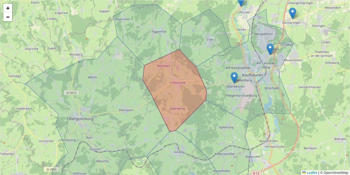 Karte des Postleitzahlen Bereichs  und der umliegenden Postleitzahlen in Deutschland