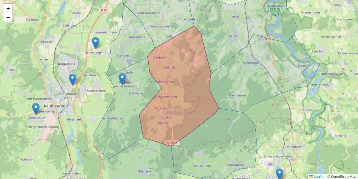 Karte des Postleitzahlen Bereichs  und der umliegenden Postleitzahlen in Deutschland