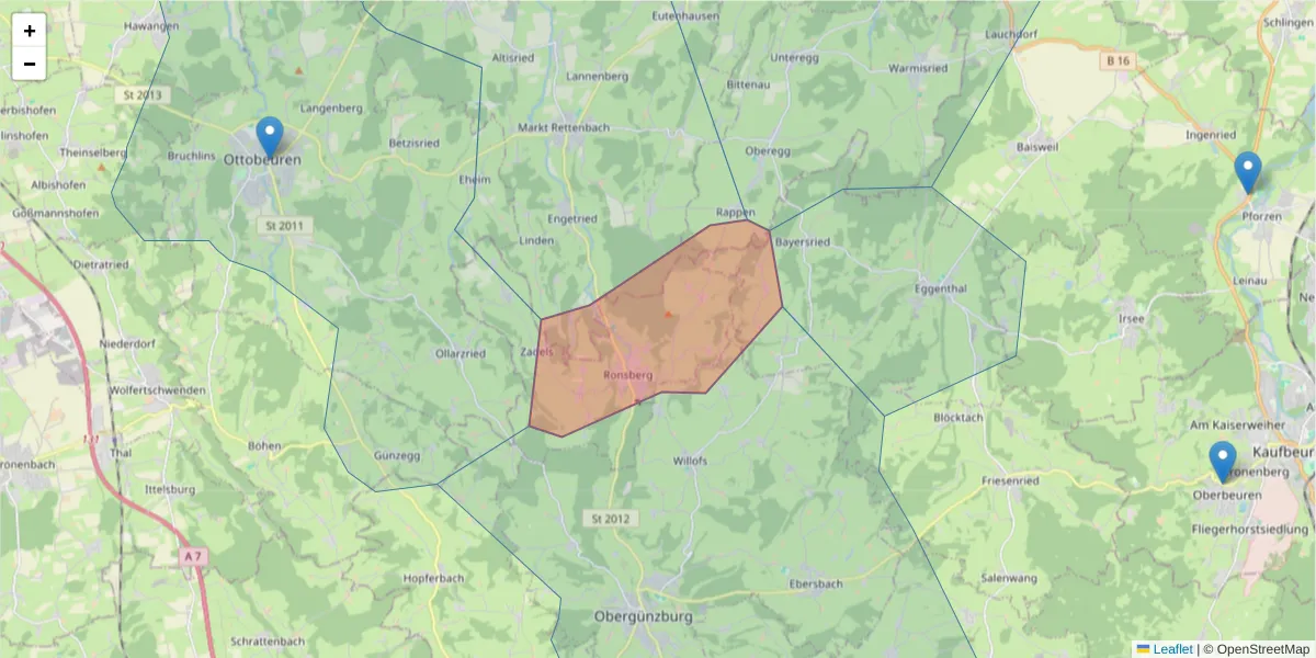 Karte des Postleitzahlen Bereichs  und der umliegenden Postleitzahlen in Deutschland