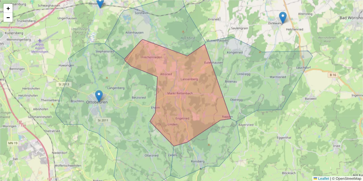 Karte des Postleitzahlen Bereichs  und der umliegenden Postleitzahlen in Deutschland