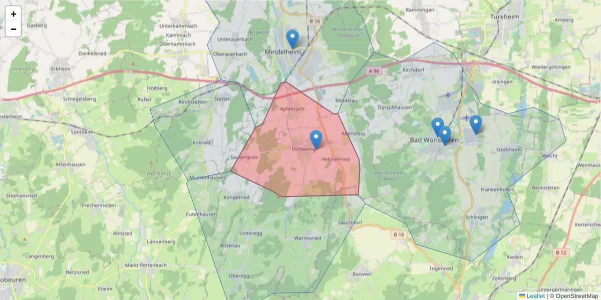 Karte des Postleitzahlen Bereichs  und der umliegenden Postleitzahlen in Deutschland