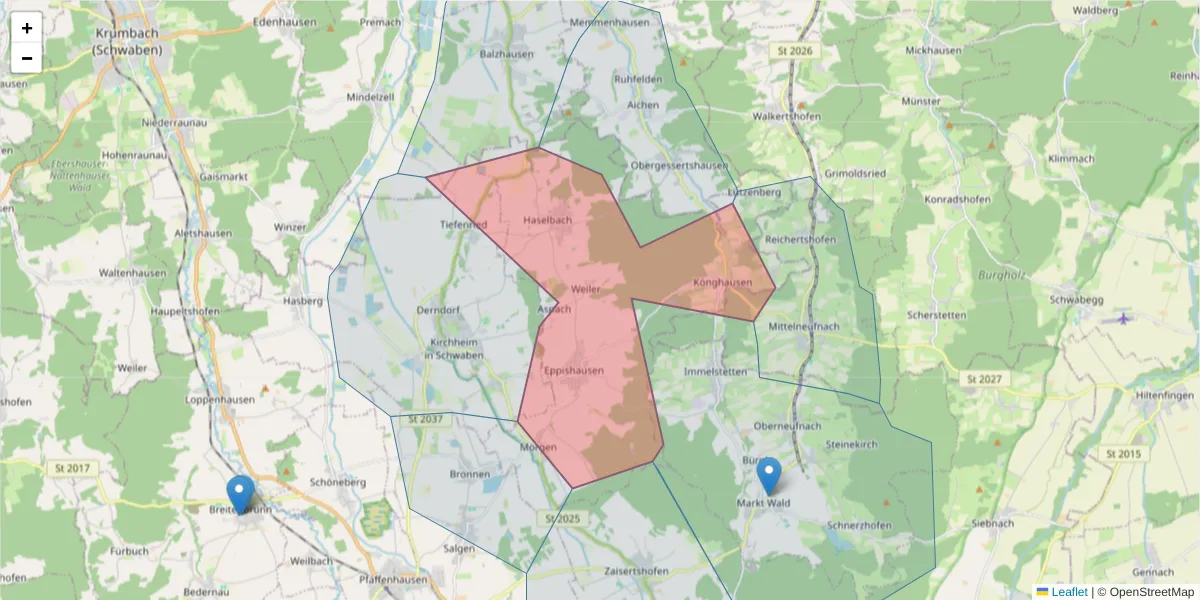 Karte des Postleitzahlen Bereichs  und der umliegenden Postleitzahlen in Deutschland
