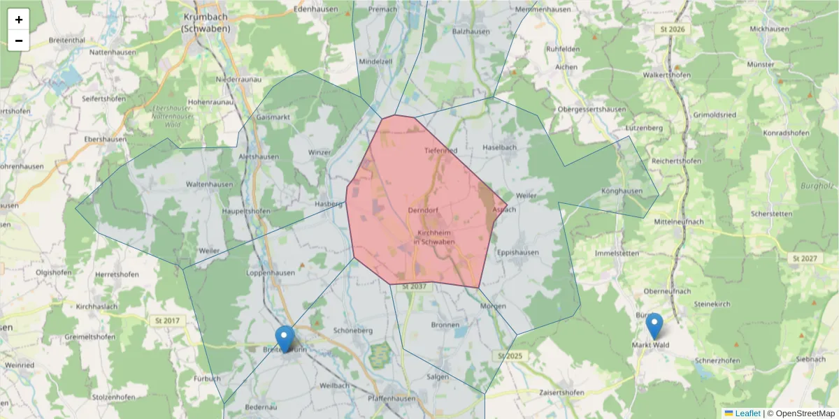 Karte des Postleitzahlen Bereichs  und der umliegenden Postleitzahlen in Deutschland