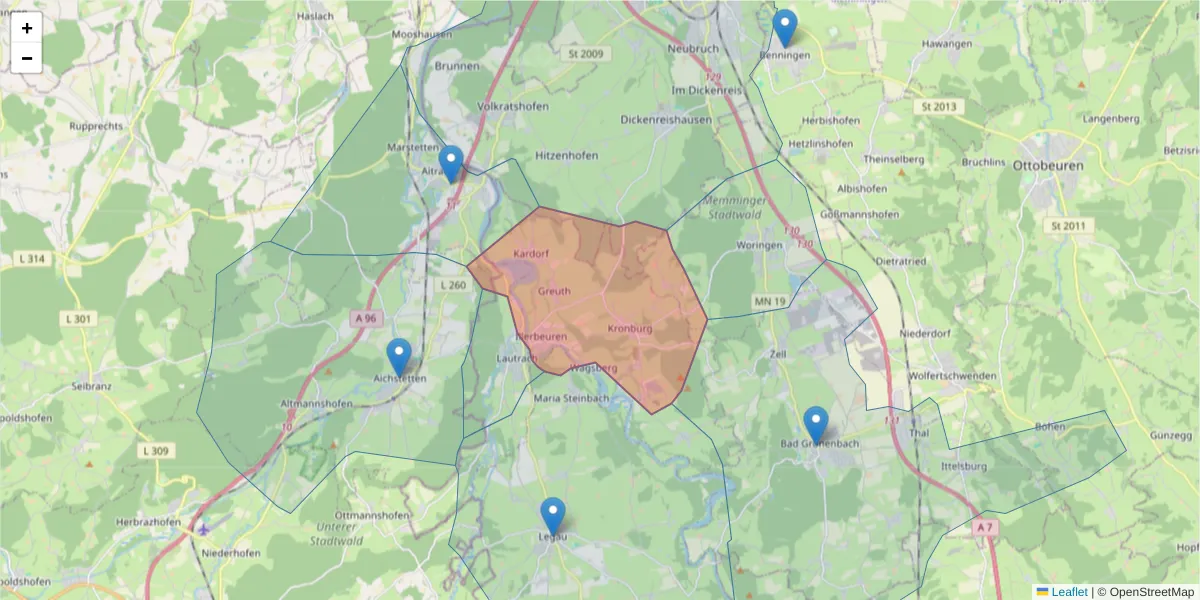 Karte des Postleitzahlen Bereichs  und der umliegenden Postleitzahlen in Deutschland