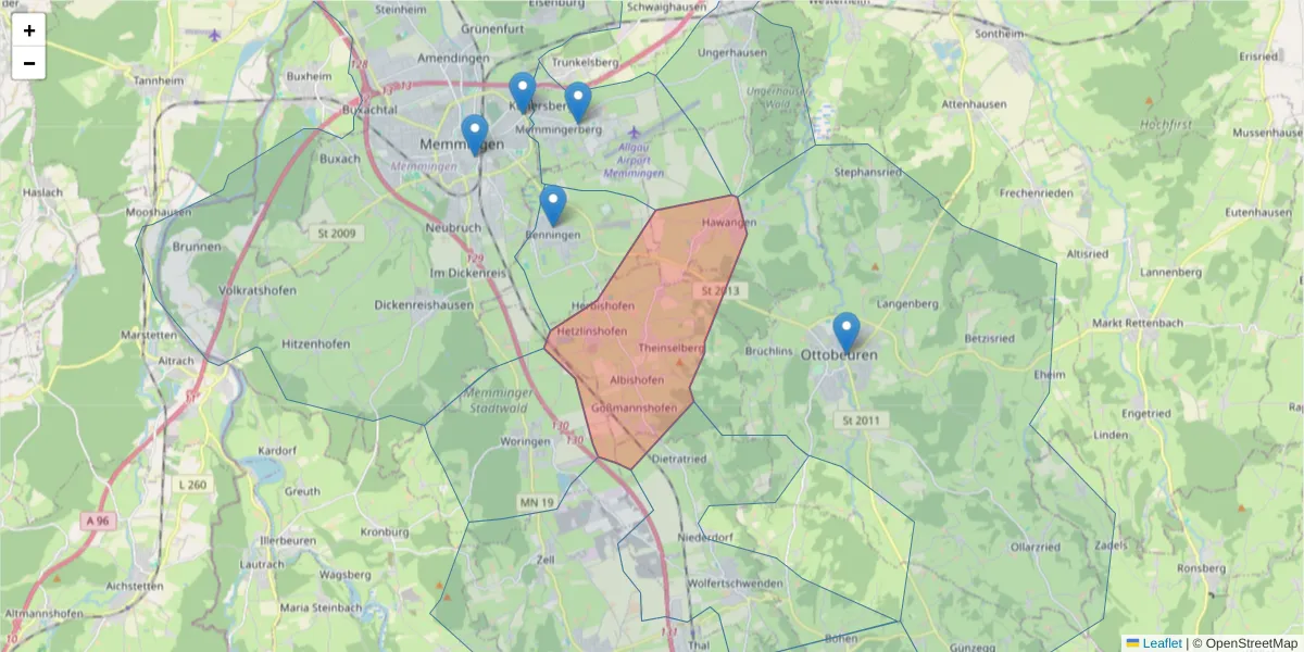Karte des Postleitzahlen Bereichs  und der umliegenden Postleitzahlen in Deutschland