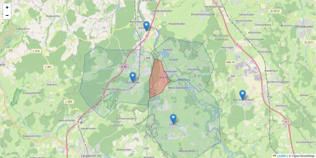 Karte des Postleitzahlen Bereichs  und der umliegenden Postleitzahlen in Deutschland