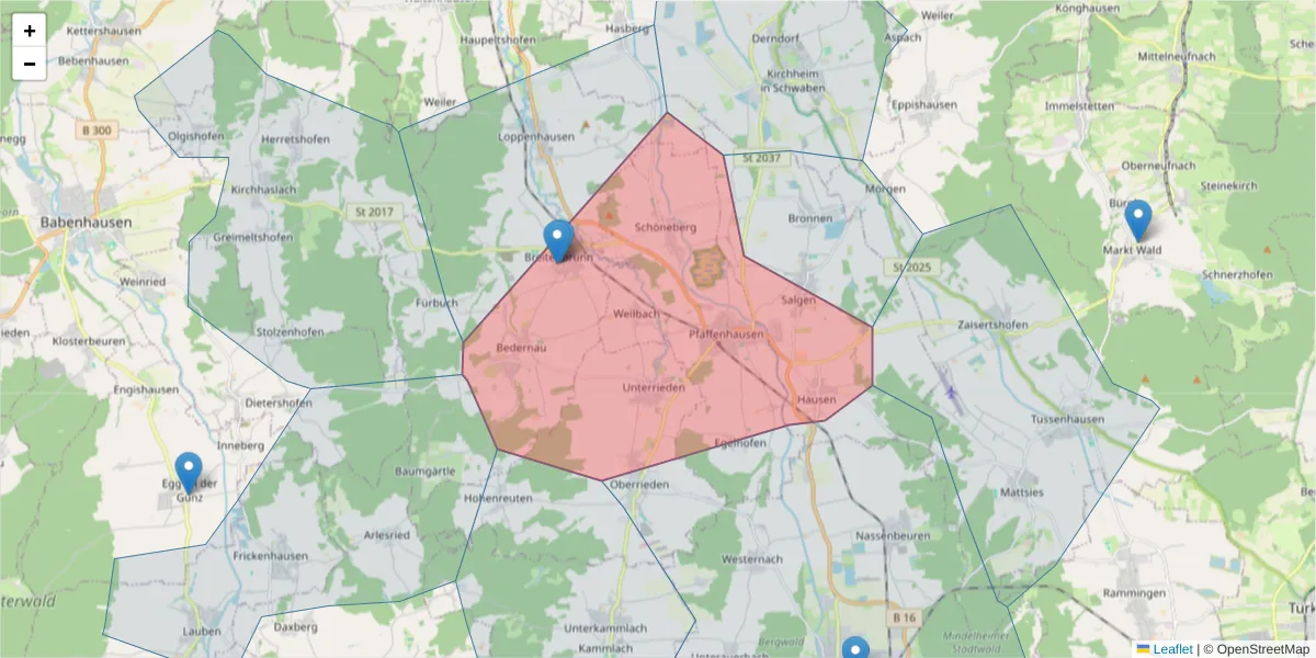 Karte des Postleitzahlen Bereichs  und der umliegenden Postleitzahlen in Deutschland