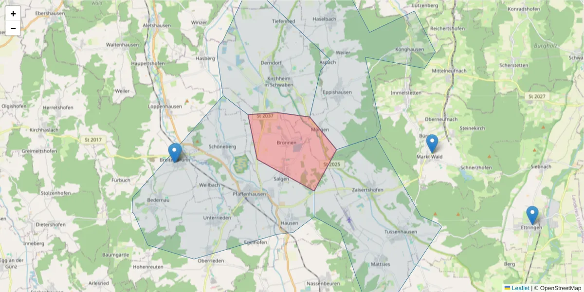 Karte des Postleitzahlen Bereichs  und der umliegenden Postleitzahlen in Deutschland