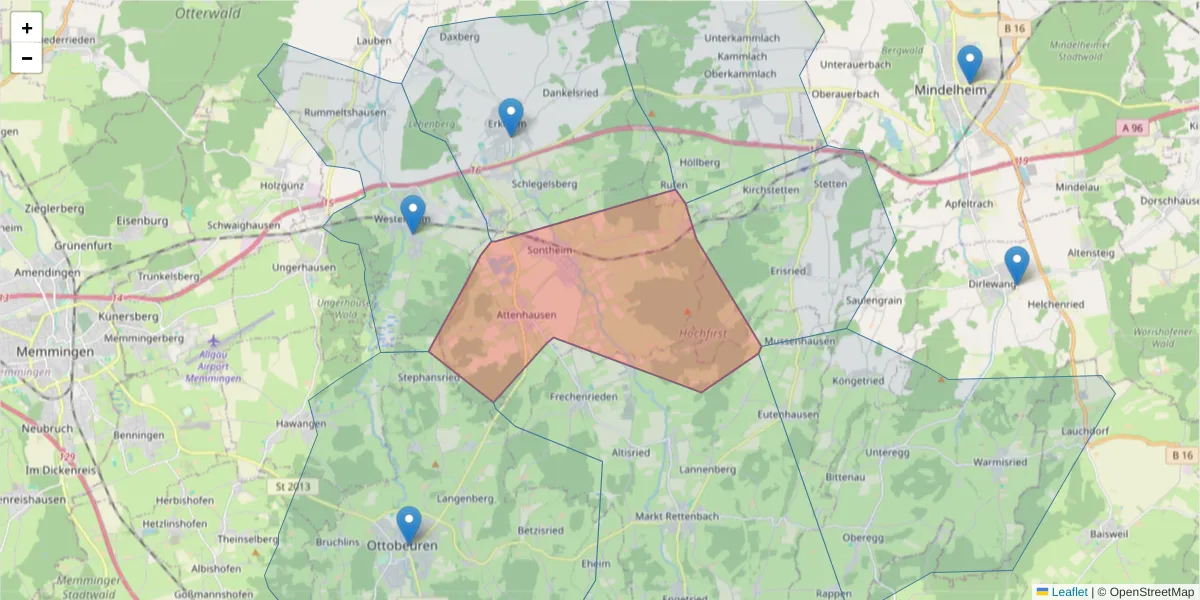 Karte des Postleitzahlen Bereichs  und der umliegenden Postleitzahlen in Deutschland