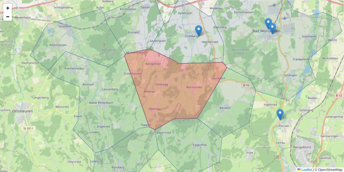 Karte des Postleitzahlen Bereichs  und der umliegenden Postleitzahlen in Deutschland