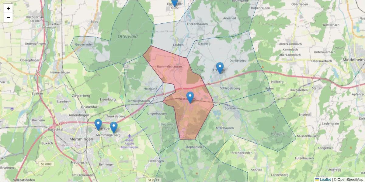 Karte des Postleitzahlen Bereichs  und der umliegenden Postleitzahlen in Deutschland