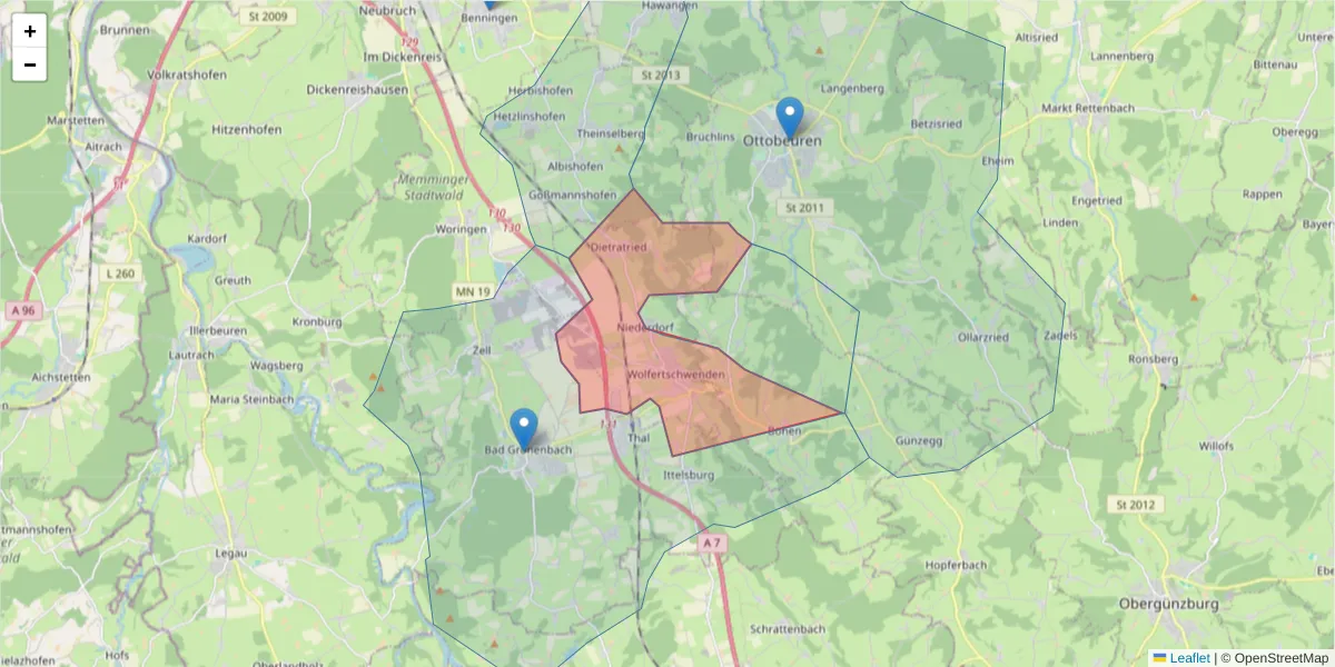 Karte des Postleitzahlen Bereichs  und der umliegenden Postleitzahlen in Deutschland