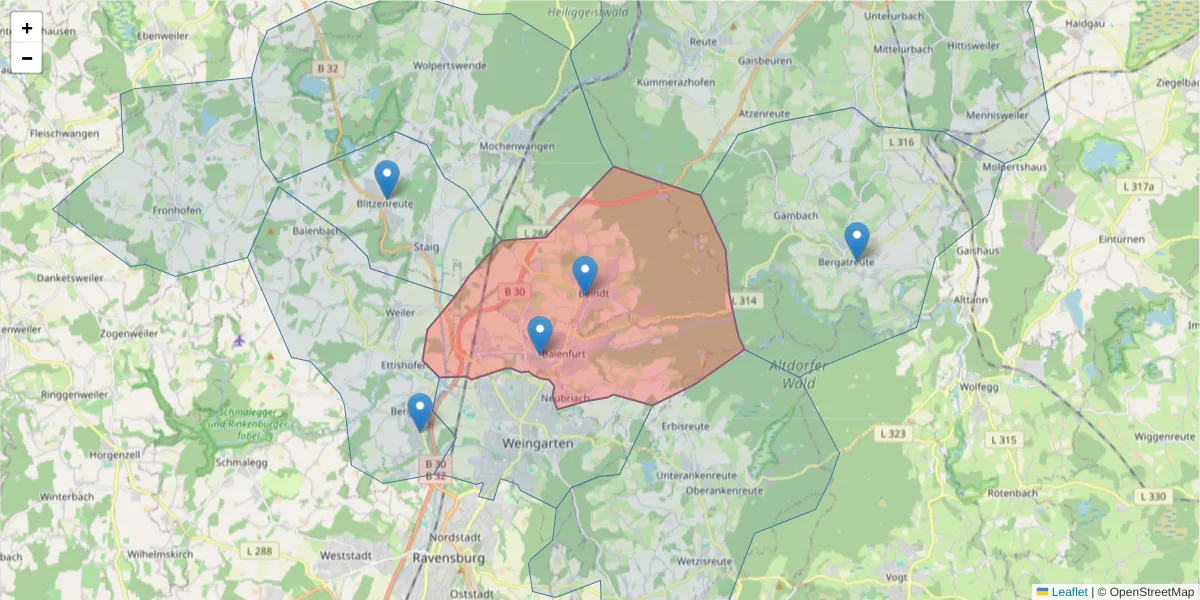 Karte des Postleitzahlen Bereichs  und der umliegenden Postleitzahlen in Deutschland
