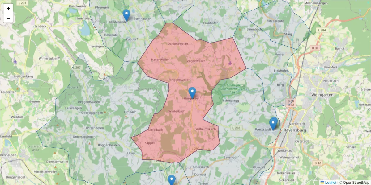 Karte des Postleitzahlen Bereichs  und der umliegenden Postleitzahlen in Deutschland