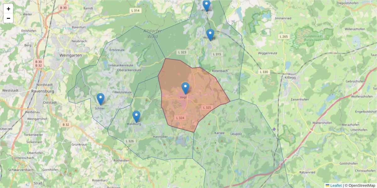 Karte des Postleitzahlen Bereichs  und der umliegenden Postleitzahlen in Deutschland
