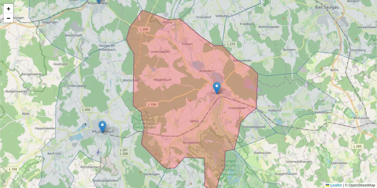 Karte des Postleitzahlen Bereichs  und der umliegenden Postleitzahlen in Deutschland
