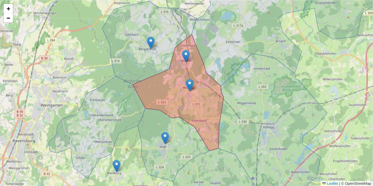 Karte des Postleitzahlen Bereichs  und der umliegenden Postleitzahlen in Deutschland