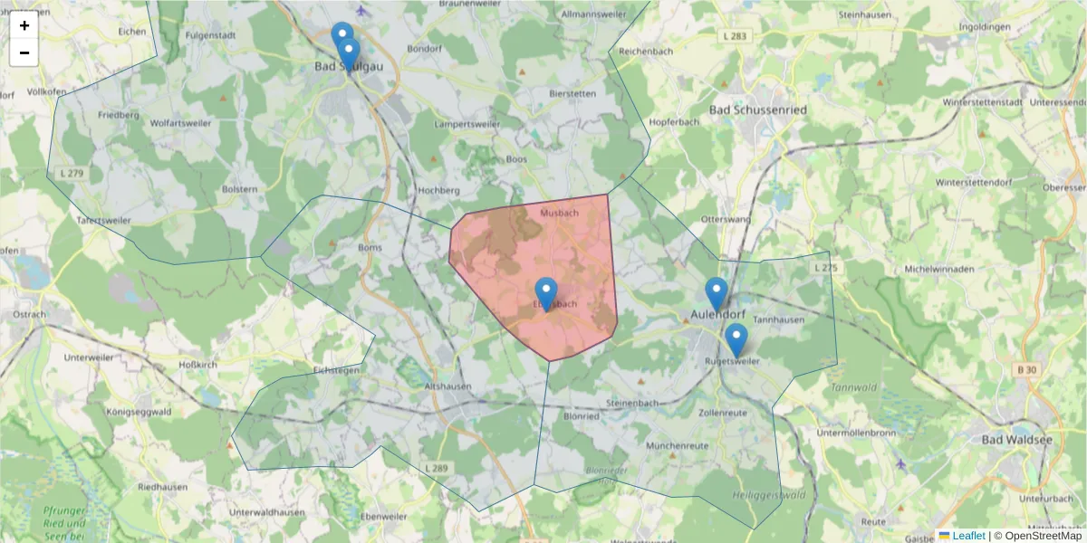 Karte des Postleitzahlen Bereichs  und der umliegenden Postleitzahlen in Deutschland