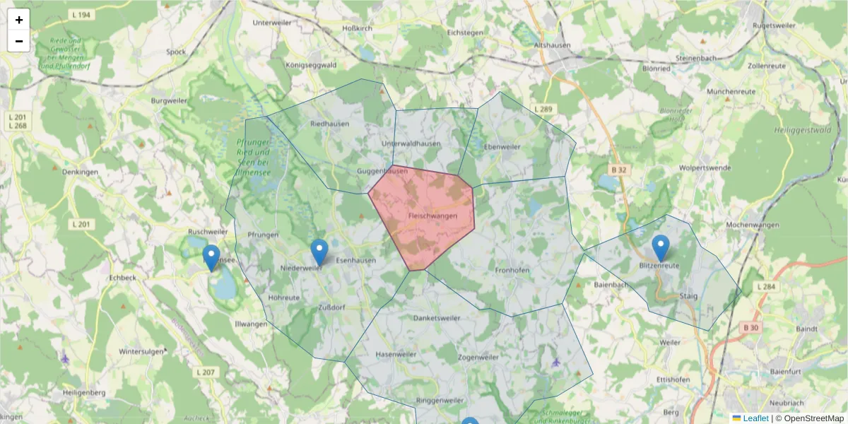 Karte des Postleitzahlen Bereichs  und der umliegenden Postleitzahlen in Deutschland