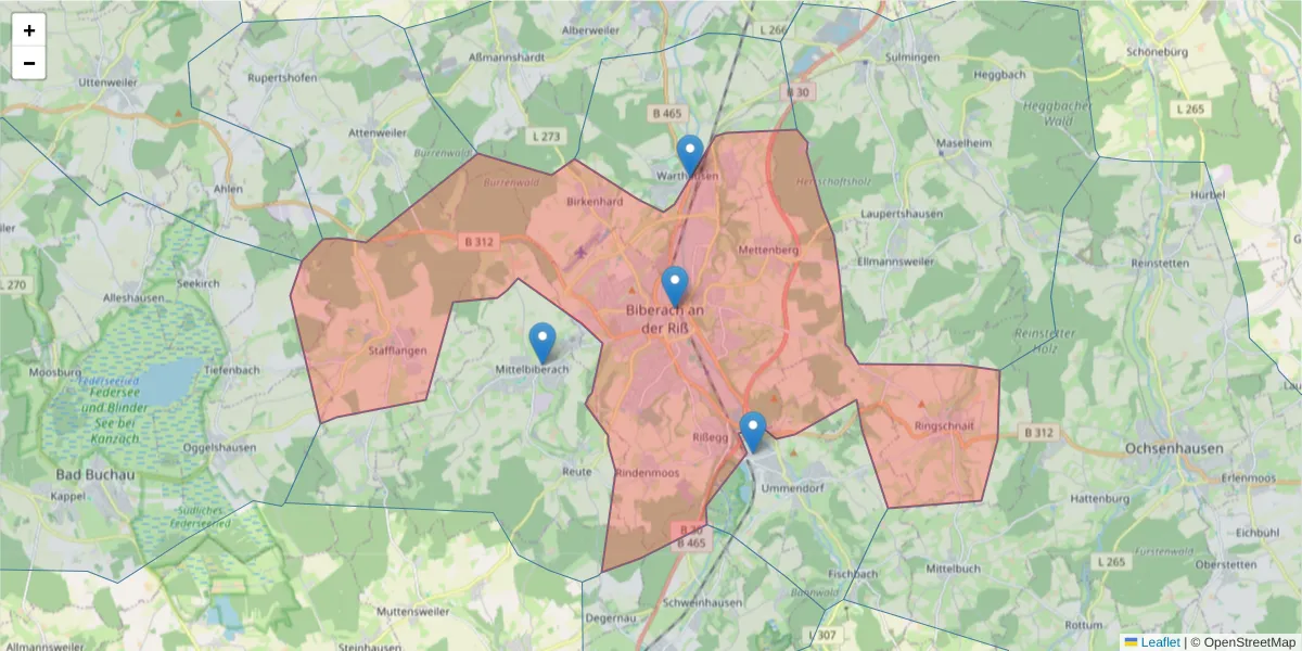 Karte des Postleitzahlen Bereichs  und der umliegenden Postleitzahlen in Deutschland