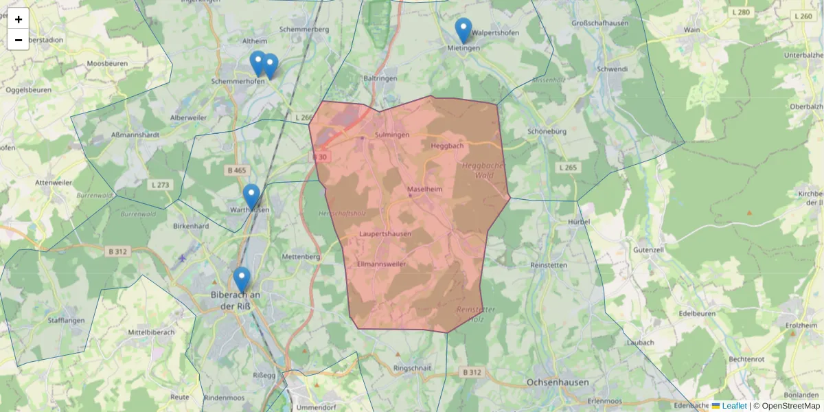 Karte des Postleitzahlen Bereichs  und der umliegenden Postleitzahlen in Deutschland