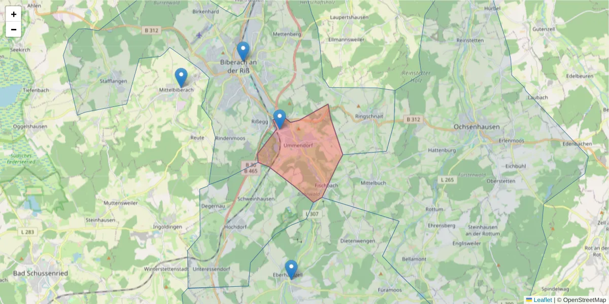 Karte des Postleitzahlen Bereichs  und der umliegenden Postleitzahlen in Deutschland
