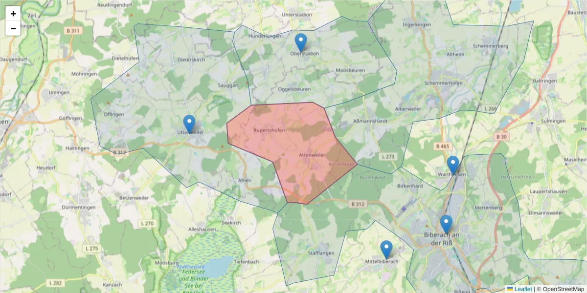 Karte des Postleitzahlen Bereichs  und der umliegenden Postleitzahlen in Deutschland