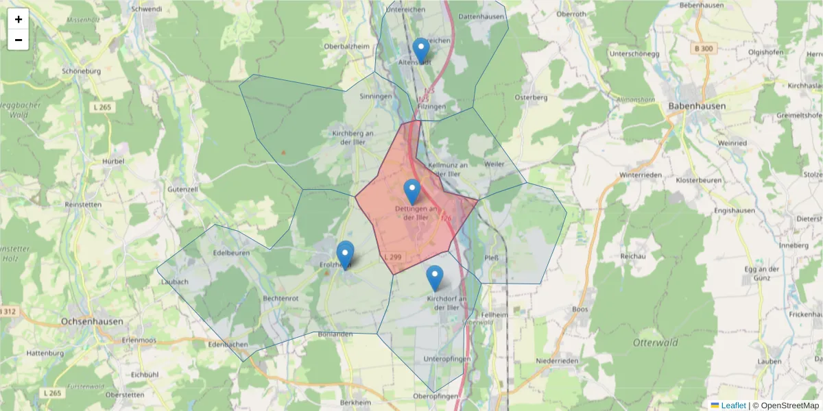 Karte des Postleitzahlen Bereichs  und der umliegenden Postleitzahlen in Deutschland