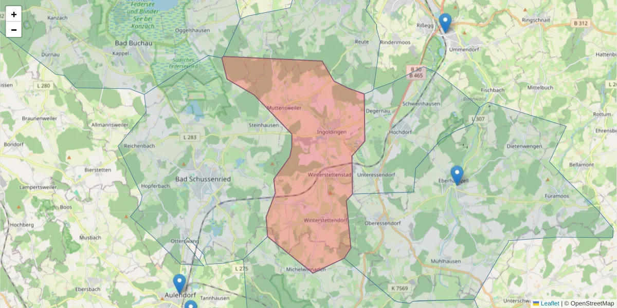 Karte des Postleitzahlen Bereichs  und der umliegenden Postleitzahlen in Deutschland