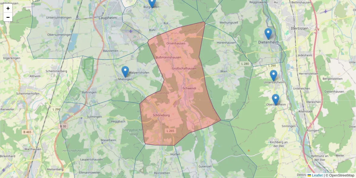 Karte des Postleitzahlen Bereichs  und der umliegenden Postleitzahlen in Deutschland