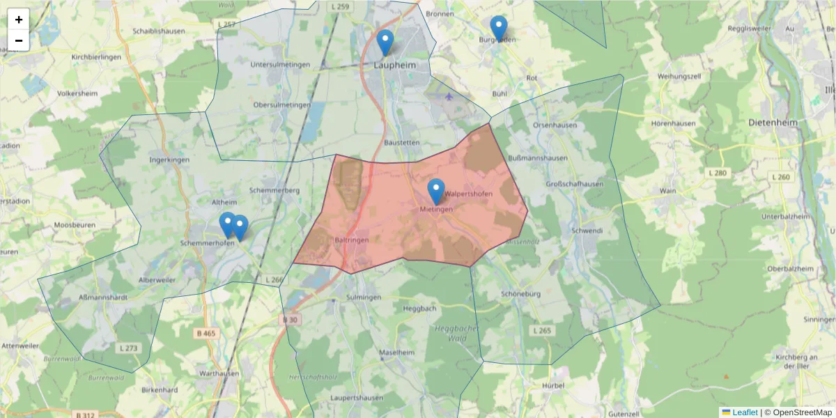 Karte des Postleitzahlen Bereichs  und der umliegenden Postleitzahlen in Deutschland