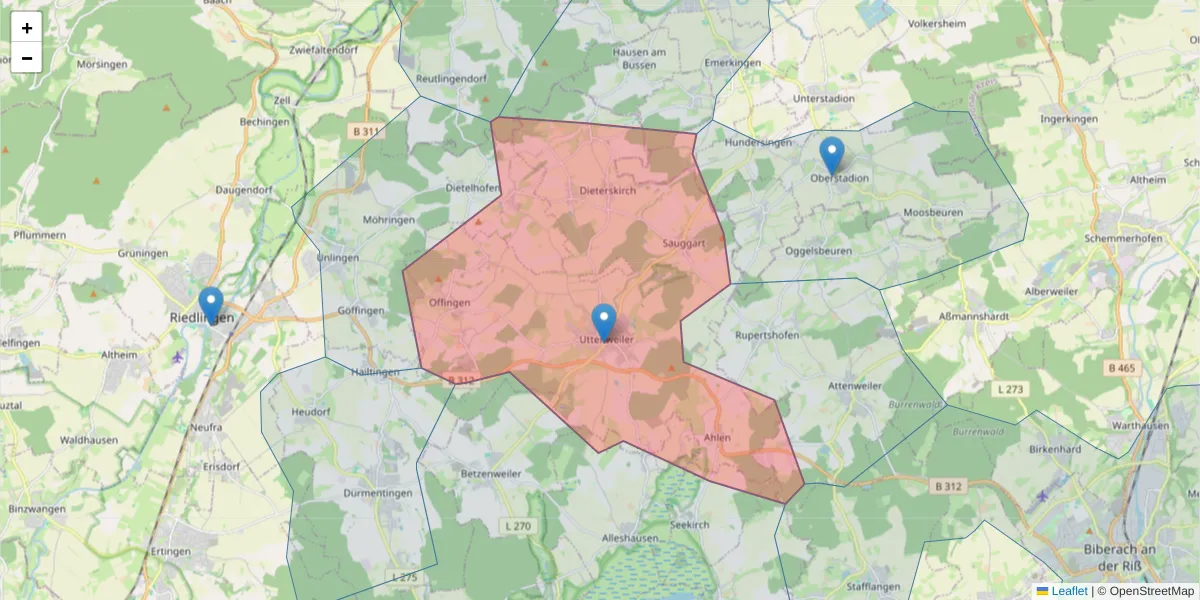 Karte des Postleitzahlen Bereichs  und der umliegenden Postleitzahlen in Deutschland