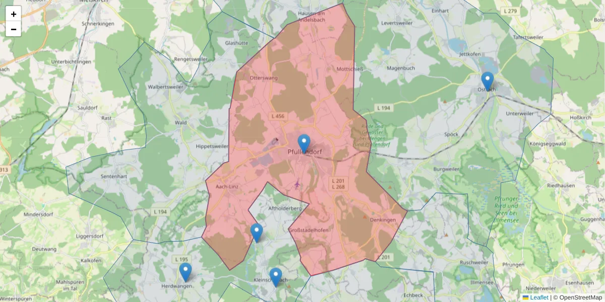 Karte des Postleitzahlen Bereichs  und der umliegenden Postleitzahlen in Deutschland