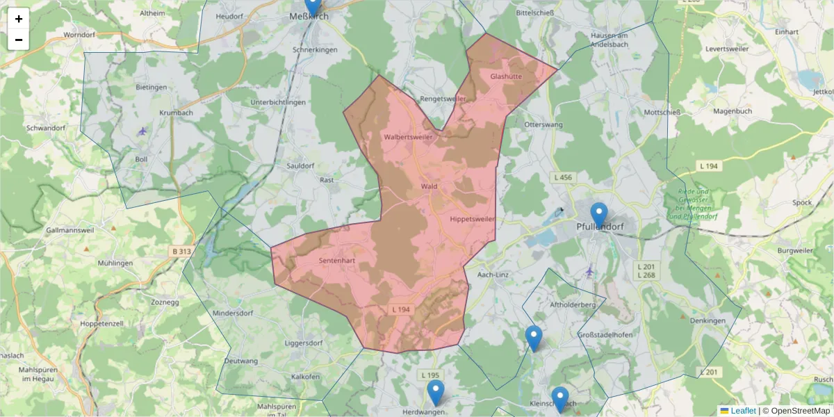 Karte des Postleitzahlen Bereichs  und der umliegenden Postleitzahlen in Deutschland
