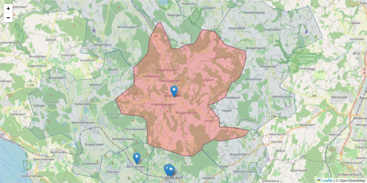 Karte des Postleitzahlen Bereichs  und der umliegenden Postleitzahlen in Deutschland