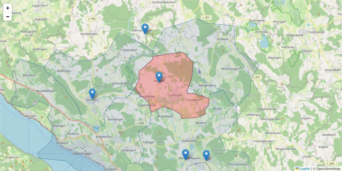 Karte des Postleitzahlen Bereichs  und der umliegenden Postleitzahlen in Deutschland