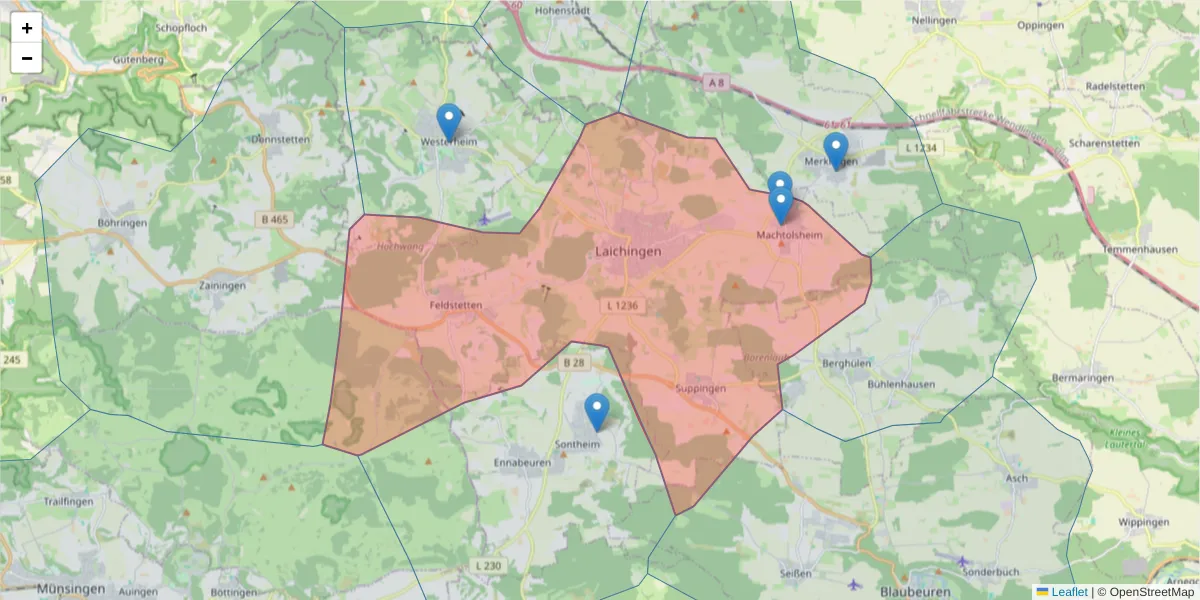 Karte des Postleitzahlen Bereichs  und der umliegenden Postleitzahlen in Deutschland