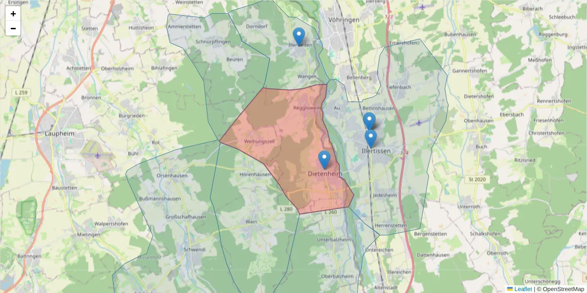 Karte des Postleitzahlen Bereichs  und der umliegenden Postleitzahlen in Deutschland