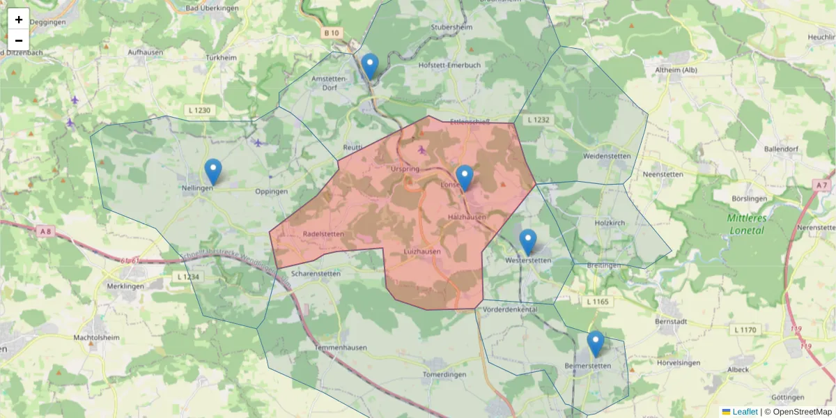 Karte des Postleitzahlen Bereichs  und der umliegenden Postleitzahlen in Deutschland