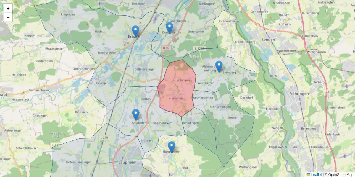 Karte des Postleitzahlen Bereichs  und der umliegenden Postleitzahlen in Deutschland