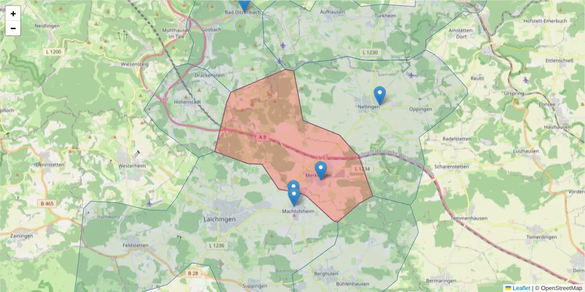 Karte des Postleitzahlen Bereichs  und der umliegenden Postleitzahlen in Deutschland